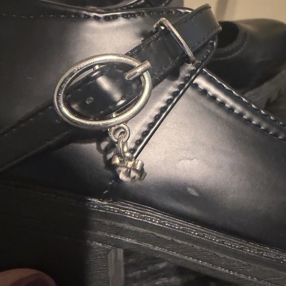 Black Chunky Mary Jane Platform Heels Goth Alt Lug Sole Strap Charm Size 38 - Picture 9 of 12